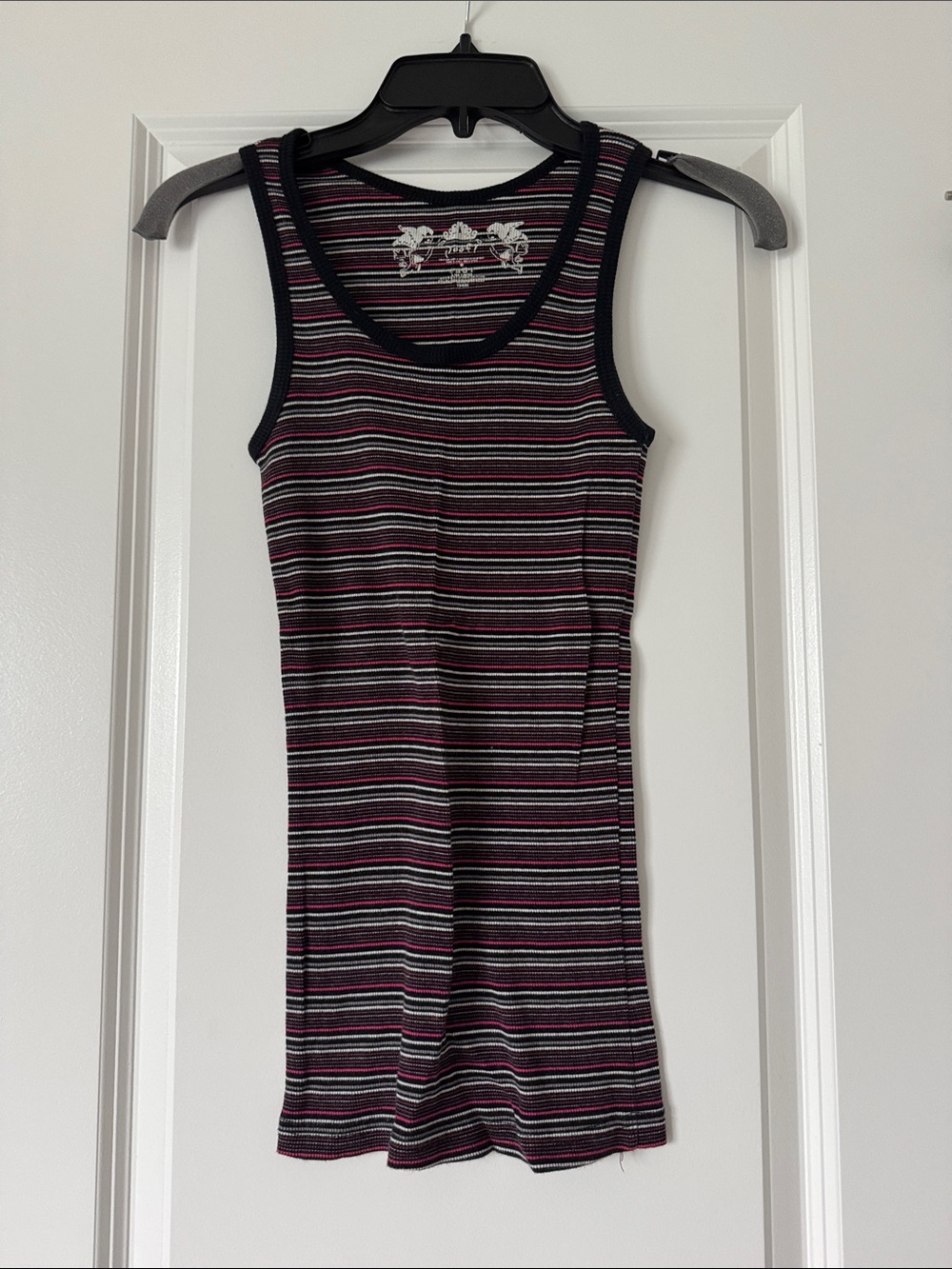 Juniors Medium Poof Striped Ribbed Tank Top in Black, Pink & Gray